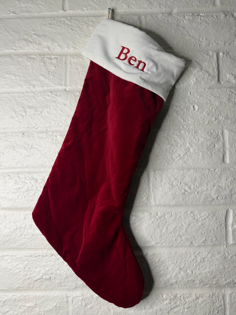 Extra Large Pottery Barn Classic Velvet Stocking Red w/White “Ben”